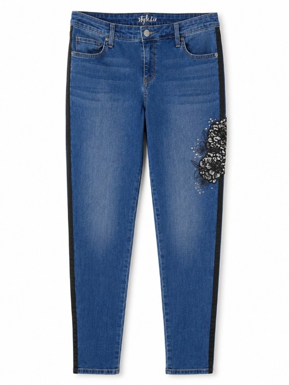 Style  Co Ultra Skinny Jeans Womens 14 Blue Lace Floral Side Stripe Stretch Deni - Picture 13 of 13